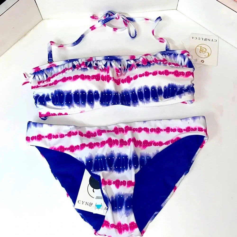 NWT bikini large fringe halter bikini removable straps reversible cheeky bottom‎